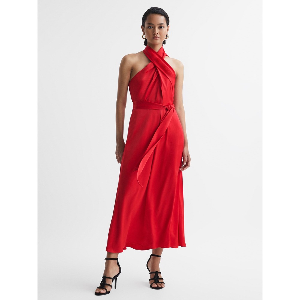 NWT Reiss Vida Satin Halter Neck Dress in Red / Size 10 / In stores for $475!